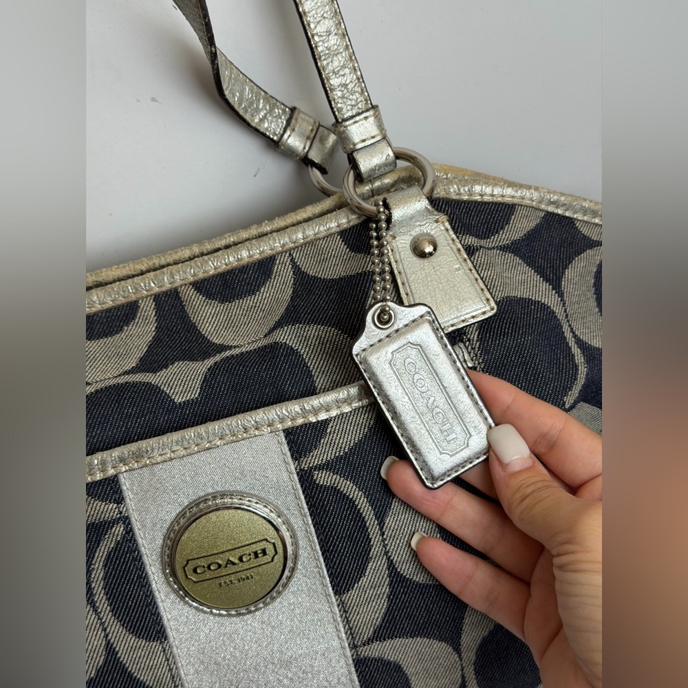 Coach Signature C Denim Stripe Tote Bag Silver Accents - Picture 2 of 14